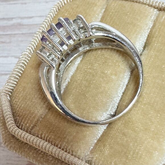 Amethyst Glass Purple Cocktail Ring Silver Plated Ring Size 7 - Picture 4 of 8